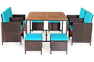HAPPYGRILL 9PCS Patio Dining Set Outdoor Dining Furniture Set with Cushions, Space-Saving Dining Table with Acacia Wood Tabletop Rattan Wicker Chair and Ottoman Sets for Backyard Garden Poolside