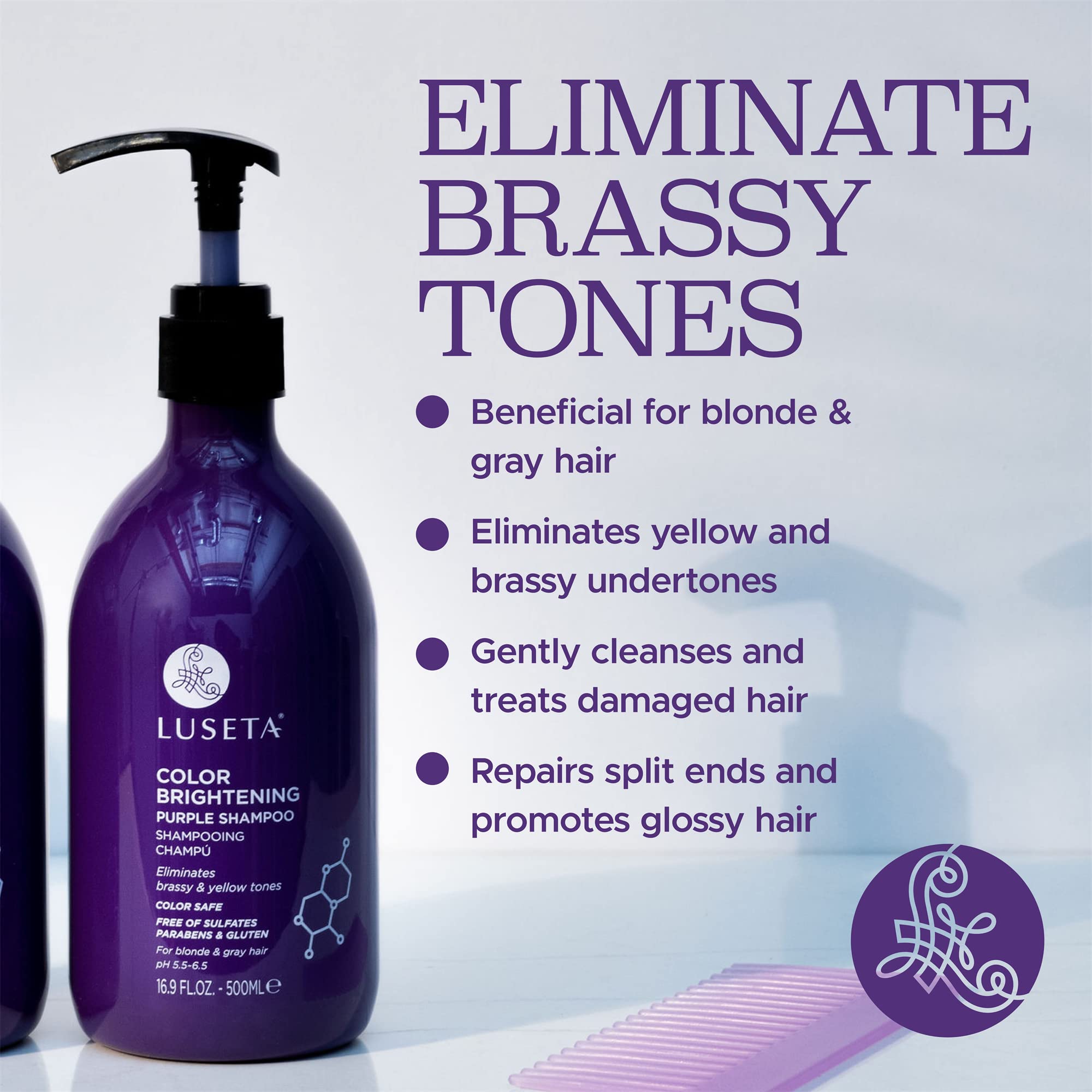Luseta Purple Shampoo for Women - Blonde, Grey, Color Treated, Curly and Damaged Hair - 16.9oz, Sulfate & Paraben Free