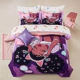 A Nice Night Purple Comforter Sets,Black Girl Listening Music Printed, 6Pcs Bed in A Bag Twin Size All Seasons Bedding Set,for Kids, Girls