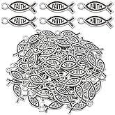 AHANDMAKER 80Pcs Antique Silver Faith Fish Charms, Vintage Metal Fish Shape Pendants with 2mm Hole Spiritual Style Dangle Charm for Jewelry Making Necklaces Bracelets Earrings DIY Crafts