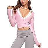 INGIA Womens V-Neck Long Sleeve Cross Wrap Top Slim Fit Soft Knit Layering Shirt Casual Yoga Gym Bandage Tie Tops