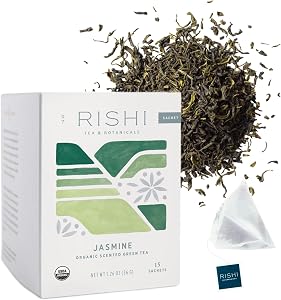 Rishi Tea Jasmine Organic Chinese Green Sachet Tea Bags, Caffeinated, 15ct | Floral Aroma and Taste, Jasmine Flower, Calm, Su