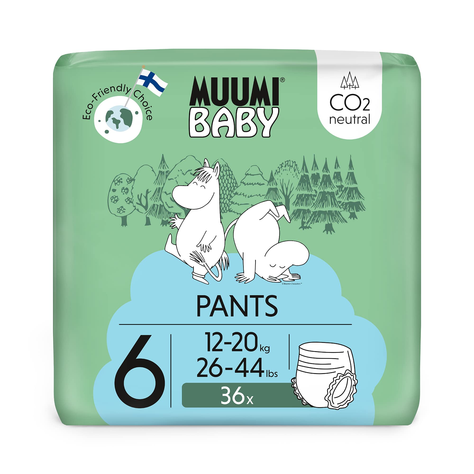 Muumi Baby Eco Pull Ups Size 6, 12-20 kg, 36 Sensitive Premium Nappy Pants with Leakage Barrier | Soft and Skin Friendly, No Unnecessary Chemicals |