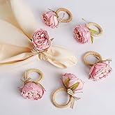 Handcraft Flower Napkin Rings Set of 6,Pink Peony Flower Handmade Napkin Holder Rings Table Decorations for Summer,Wedding,Lu