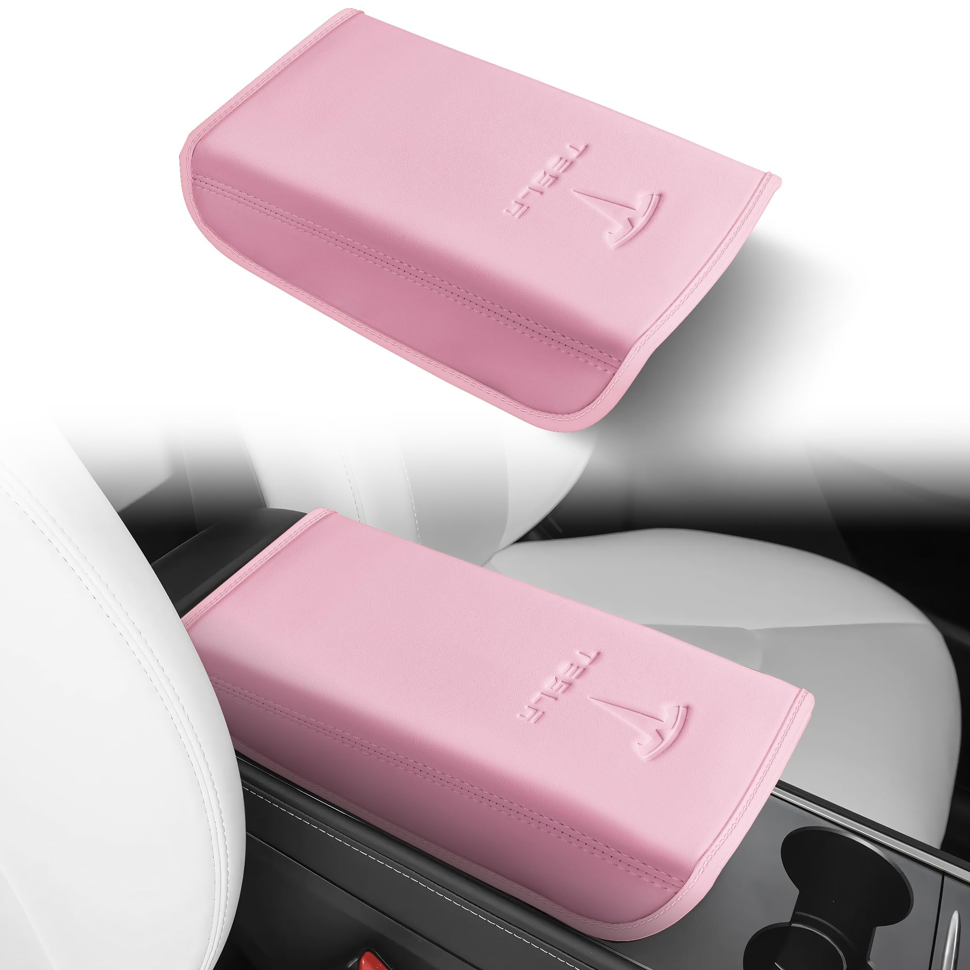 Photo 1 of POKUNG Center Console Leather Armrest Cover Designed for Tesla Model 3 2017-2023/Model Y 2020-2025,Center Console Accessories for Tesla Model 3/Y Interior Light Pink