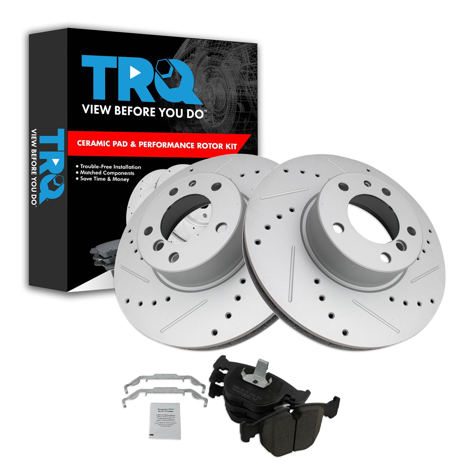 TRQ Front Brake Pad and Rotor Set Ceramic Coated Drilled Slotted Compatible with 1997-2000 BMW 540i 1995-2001 740i 740iL Image