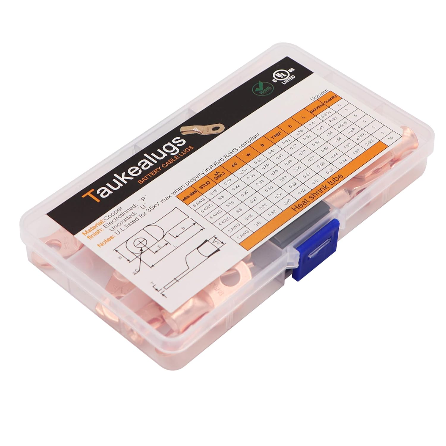 60PCS Battery Terminal Connectors Cable Ends and 2:1 Heat Shrink Tube, UL Listed AWG Crimp Copper Wire Ring lugs Assortment Kit: Industrial & Scientific