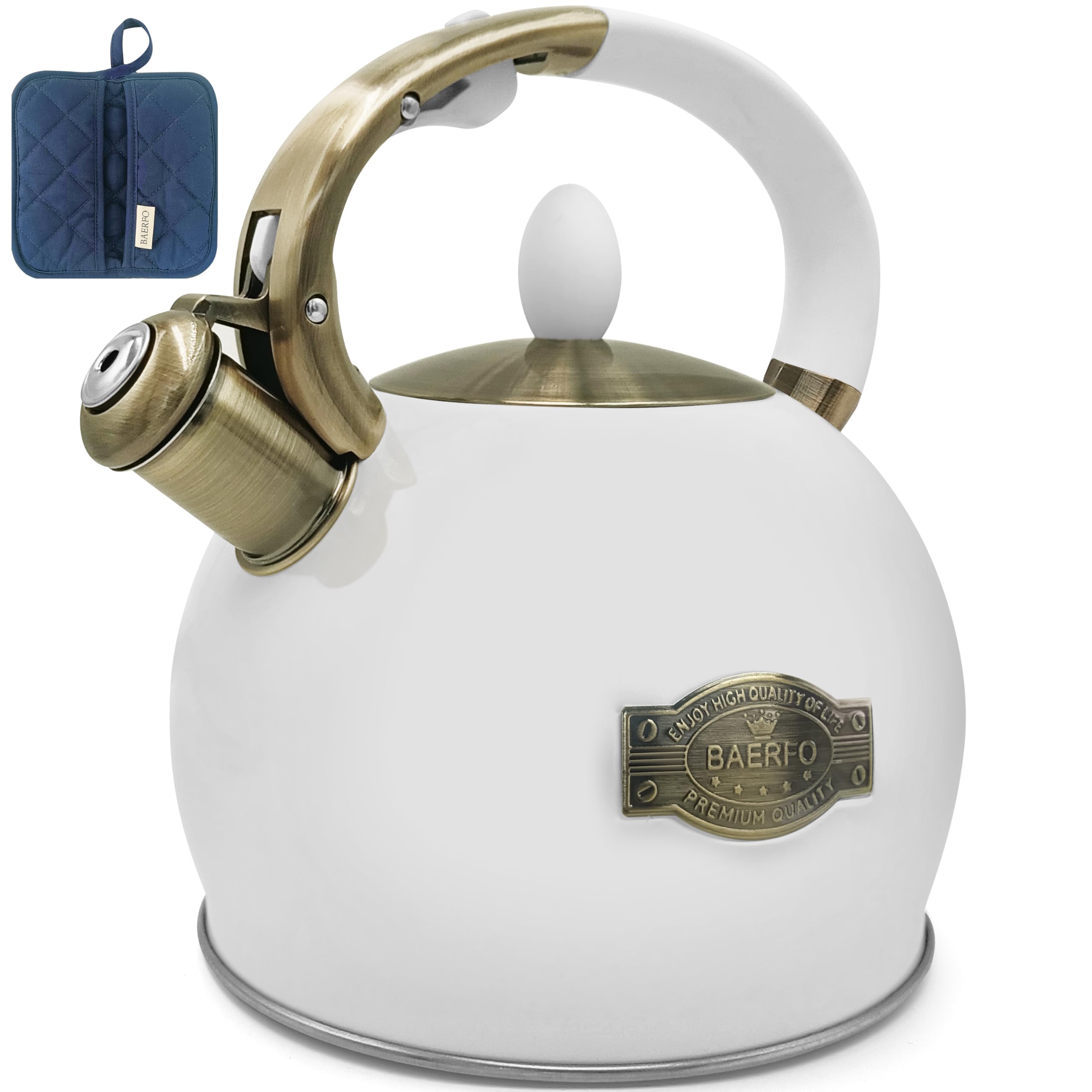 Photo 1 of BAERFO Whistling Tea Kettle Stove Top Kettle,Food-Grade Ceramic-Coated Stainless Steel Teakettle,Vintage-Style Teapot for Stove,Healthy and Rust-Resistant,With a Pot Holder Included,2.64 Quart(White)