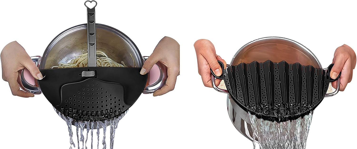 DUXU Kitchen Strainers - Pack of 2 BPA-free Clip-On Colander Sieve Snaps for Bowls, Pots & Pans – Food Drainers for Pasta, Spaghetti, Potatoes & Vegetables - Dishwasher Safe Cooking Utensils-Black