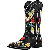 SheSole Women's Floral Black Cowgirl Cowboy Boots Square Toe Fashion Western Boots Wing Star Heart Embroidered