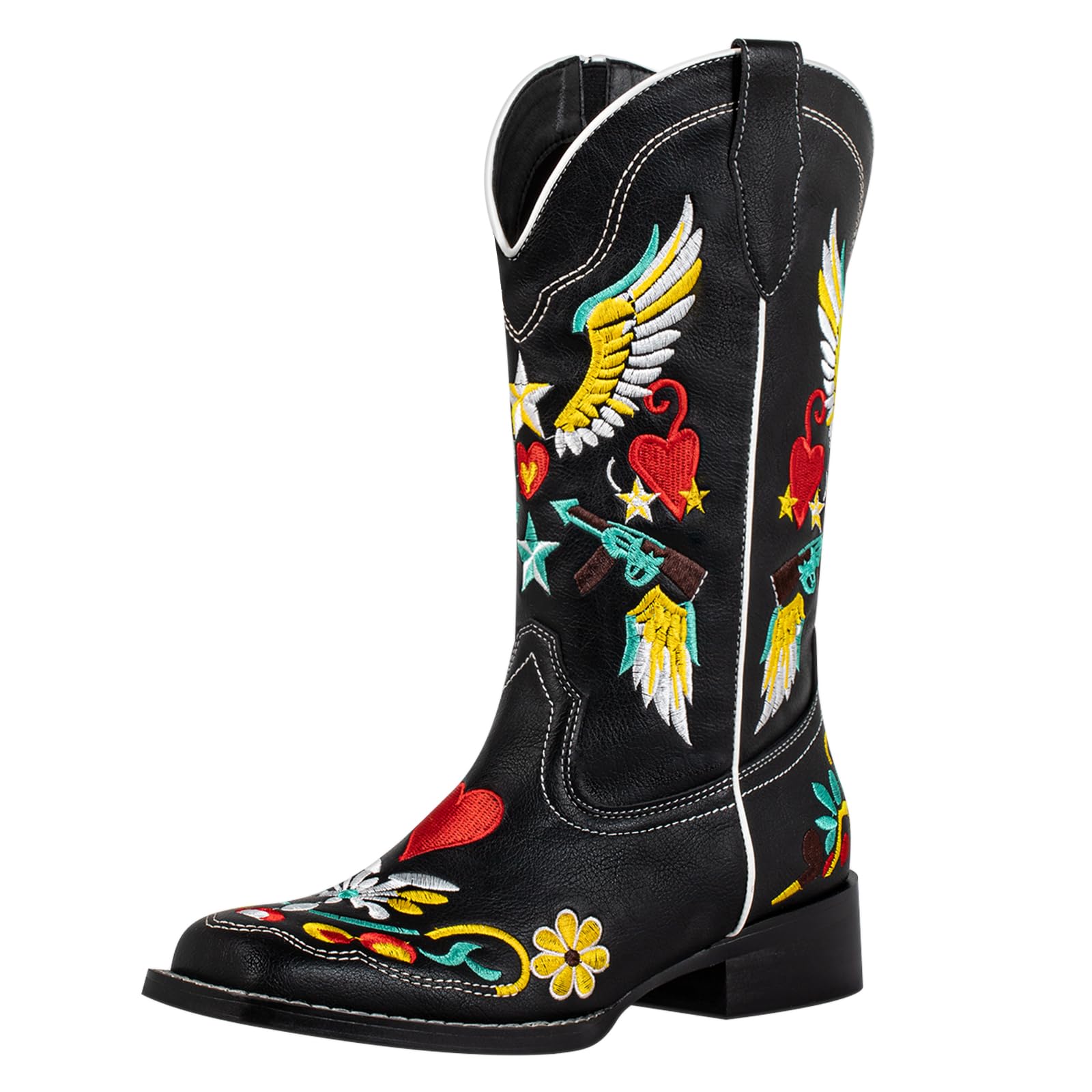 Photo 1 of SheSole Women's Floral Black Cowgirl Cowboy Boots Square Toe Fashion Western Boots Wing Star Heart Embroidered Size 8