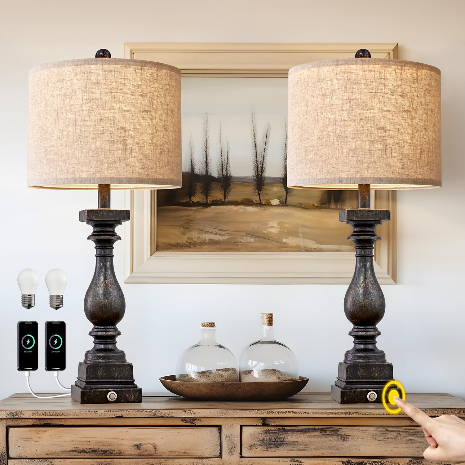 Farmhouse Table Lamp Set of 2 – 3-Way Dimmable Touch Control with AC & USB Outlets, Oil Rubbed Bronze Lamps for Nightstand, Living Room, Bedroom (2 Bulbs Included)