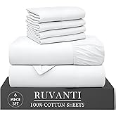 RUVANTI 6 Pcs Cotton Sheets - 100% Natural Cotton Soft, Lightweight & Breathable Crispy Percale Bed Sheets, Queen Sheet Set 16" Deep Pockets, Bright White