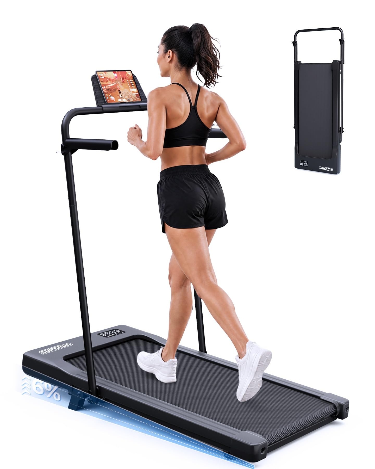 Superun Walking Pad with 6% Incline, 2.5HP Treadmill, 0.6-3.8 MPH, 300 lbs | 2.5HP Quiet Motor – 0.6-3.8 MPH portable under d