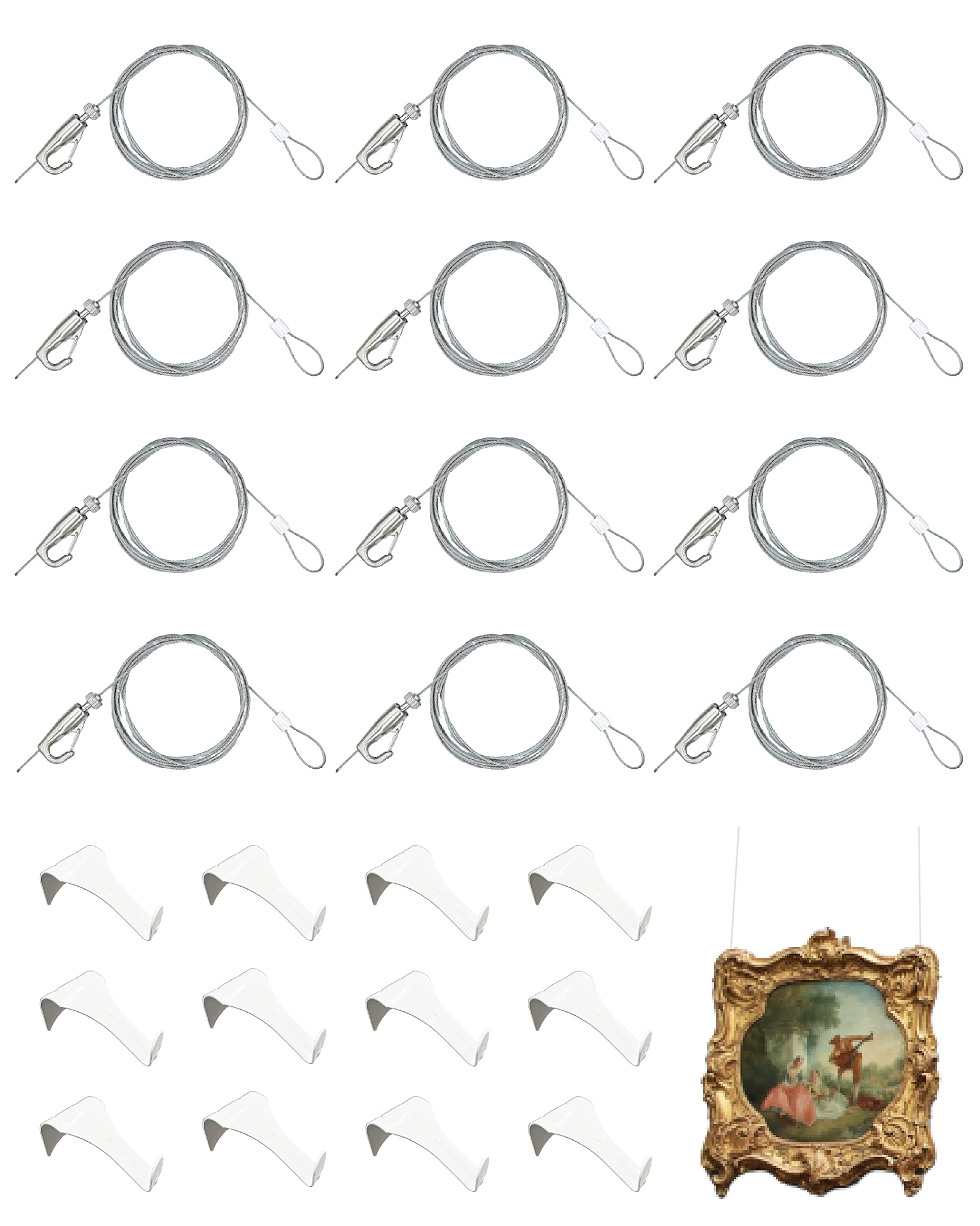 Picture Hanging Kit – Picture Rail Hooks with 12 of Each White Rail Hooks, 72 Inch Invisible Loop Cord, 12 Adjustable Hooks – Stainless Steel Picture Molding Hangers Nylon and Steel Cable — image 1