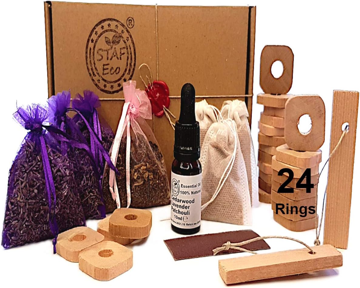 STAFECO Moth Repellent for Wardrobes Cedar Wood 3 Lavender Bags 1 Patchouli Bag Natural 24 Rings Chips Killer for Wardrobes 100% (Large C)