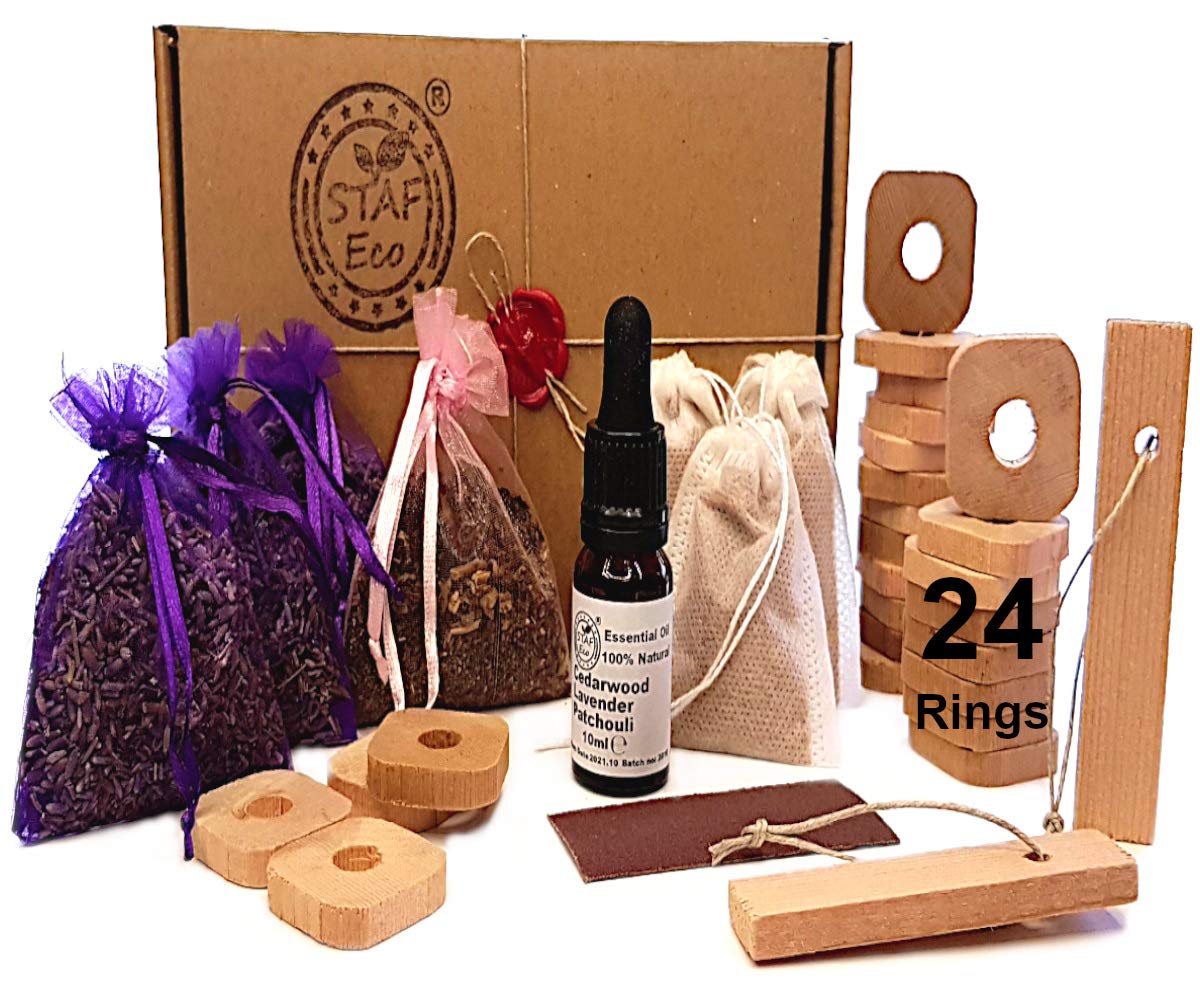 STAFECO Moth Repellent for Wardrobes Cedar Wood 3 Lavender Bags 1 Patchouli Bag Natural 24 Rings Chips Killer for Wardrobes 100% (Large C)