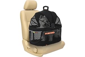 PAWZIDEA Portable Small Dog Crate for Car Travel, Enclosed Pet Car Seat for Small/Medium Dogs Cats up 33lb, Reversible No-Zip Canopy, Soft-Sided Pet Carrier Basket, Collapsible Dog Kennel, Metal Frame