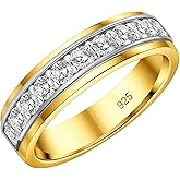 SweetJew Mens Moissanite Wedding Band 925 Sterling Silver Rings For Men 14K White Gold Plated 1ct D Color VVS1 Clarity Brilliant Lab Created Stone 9 Round Cut Engagement Rings For Him Size 7-14