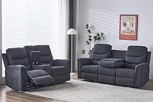 Consofa 2 Pieces Recliner Sofa Set, Manual Sofa Set for Living Room Furniture Set, Recliner Sofa and Loveseat Sets, Reclining Loveseat with Console & Cup Houlders for Living Room