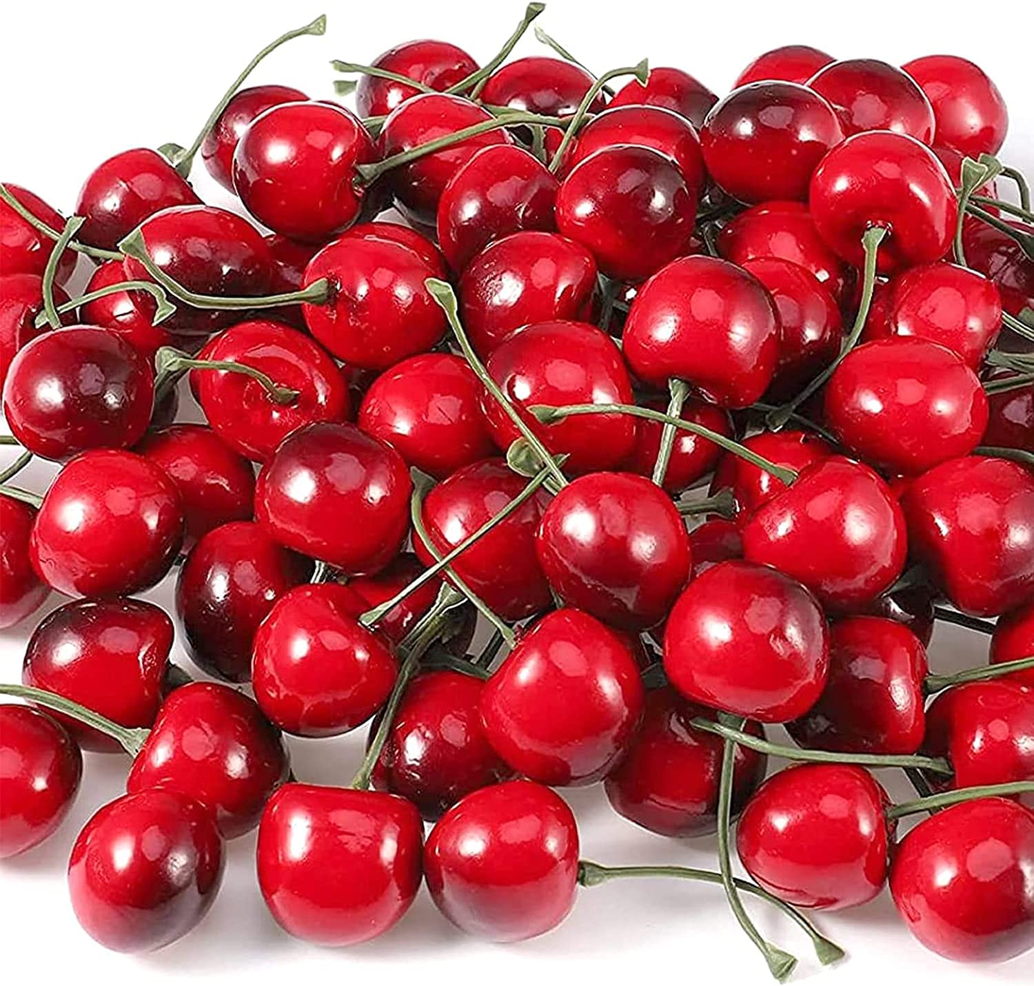 Sugamm 100 Pack Artificial Red Cherries Fake Fruit Simulation Model Decoration for Party Decor Home House Kitchen Desk Ornament and Photography Prop, Cognitive Toy of Simulation Cherry Fruit for Kid