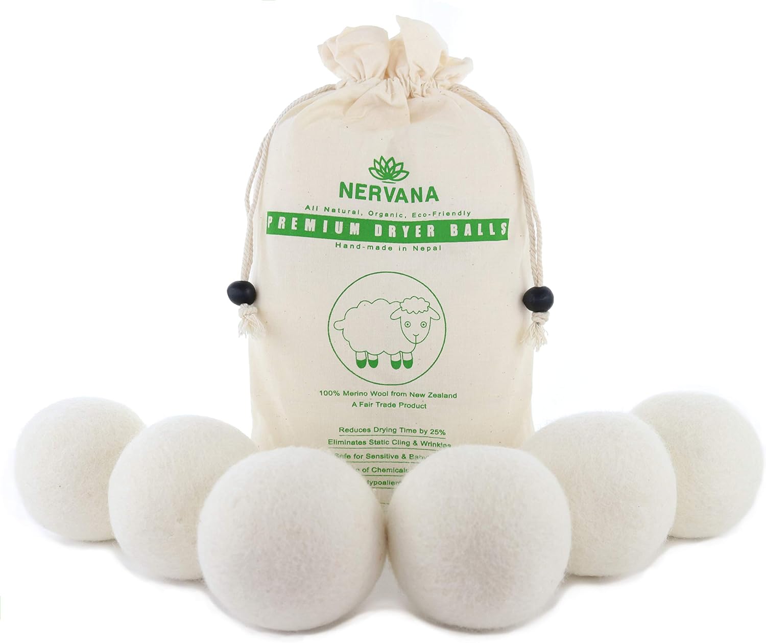 Wool Dryer Balls Organic - 6 XL Premium Quality Reusable Natural Fabric Softener, 100% Organic New Zealand Merino Wool, Hand Made in Nepal, Fair-Trade Product, Hypoallergenic