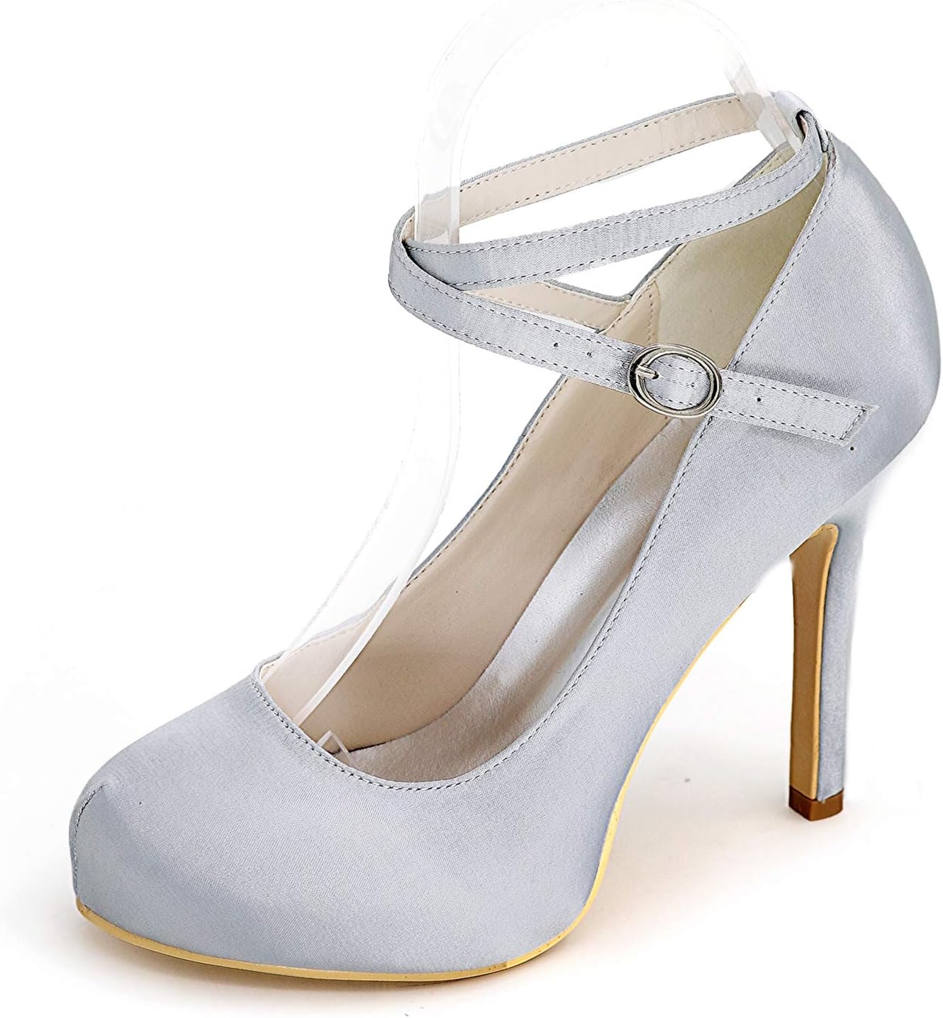 Women For Wedding Shoes Satin Chunky Pumps Buckle Party Ivory Round Platform Kitten Heels Closed Toe/11 cm Heel