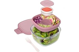 (Rose) - Bentgo Glass - Leak-Proof Salad Container with Large Salad Bowl, 4-Compartment Bento-Style Tray for Toppings, 89ml S