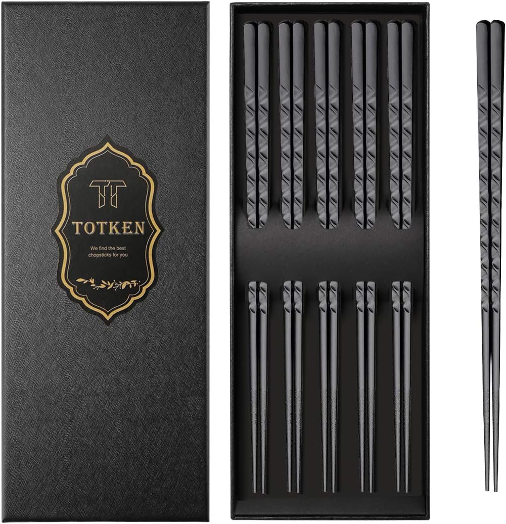 Reusable Chopsticks, 5 Pairs Dishwasher-Safe Non-Slip Black Chopsticks with Gift Box