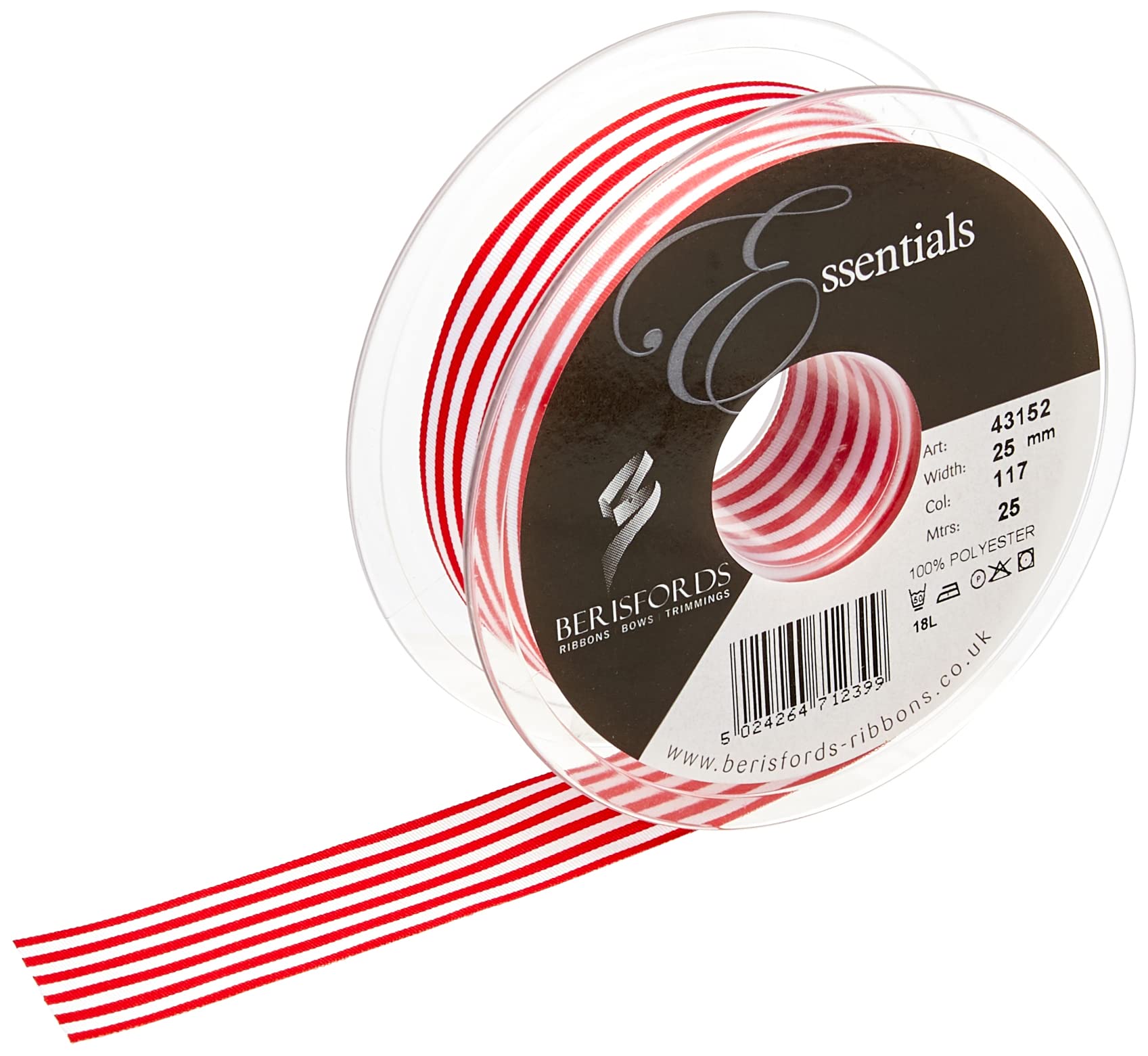 Berisfords 43152 25 m x 25 mm Crisp Stripes Ribbon, Red