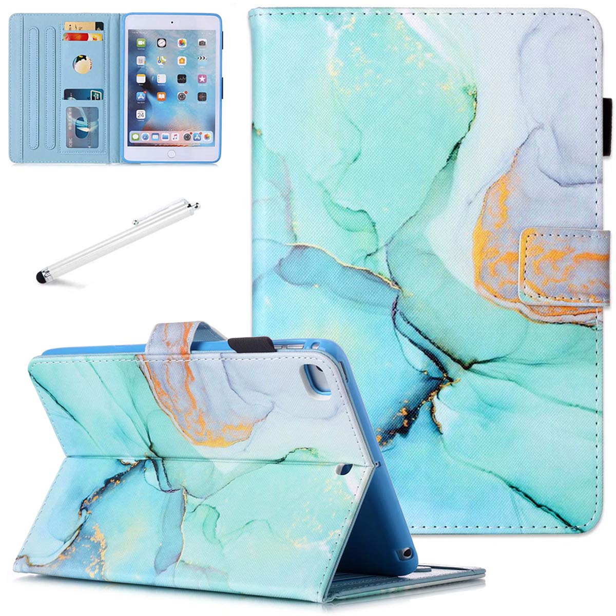 Fancity Case for iPad Mini, Protective Cover with Stand, Card Slot, Pencil Holder - PU Leather Smart Auto Wake/Sleep Case for 7.9 Inch iPad Mini 5/4/3/2, Green Marble