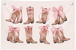 ICEWHITEY Pink Western Cowgirls Room Wall Decor,Bow Decor for Girls Room,Pink Girls Bathroom Decor,Boots and Bows Canvas Banner Flags for Teen Girl Dorm Bathroom Bedroom,30x20 Inch