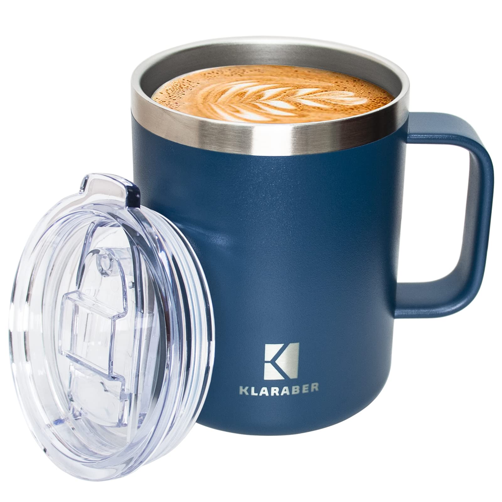 Klaraber Thermal Mug, Insulated Coffee Mug with Handle and Lid, Insulated Camping Mug, Double Walled Stainless Steel Beer Mug, Spill Proof, Reusable, 350ml / 12oz(Blue)
