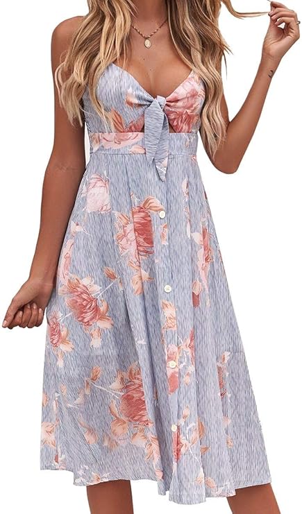 FANCYINN Women's Tie Front Summer Midi Dress V Neck Floral Print Button Down Spaghetti Strap Dress Striped Red Flower L best women's sundresses