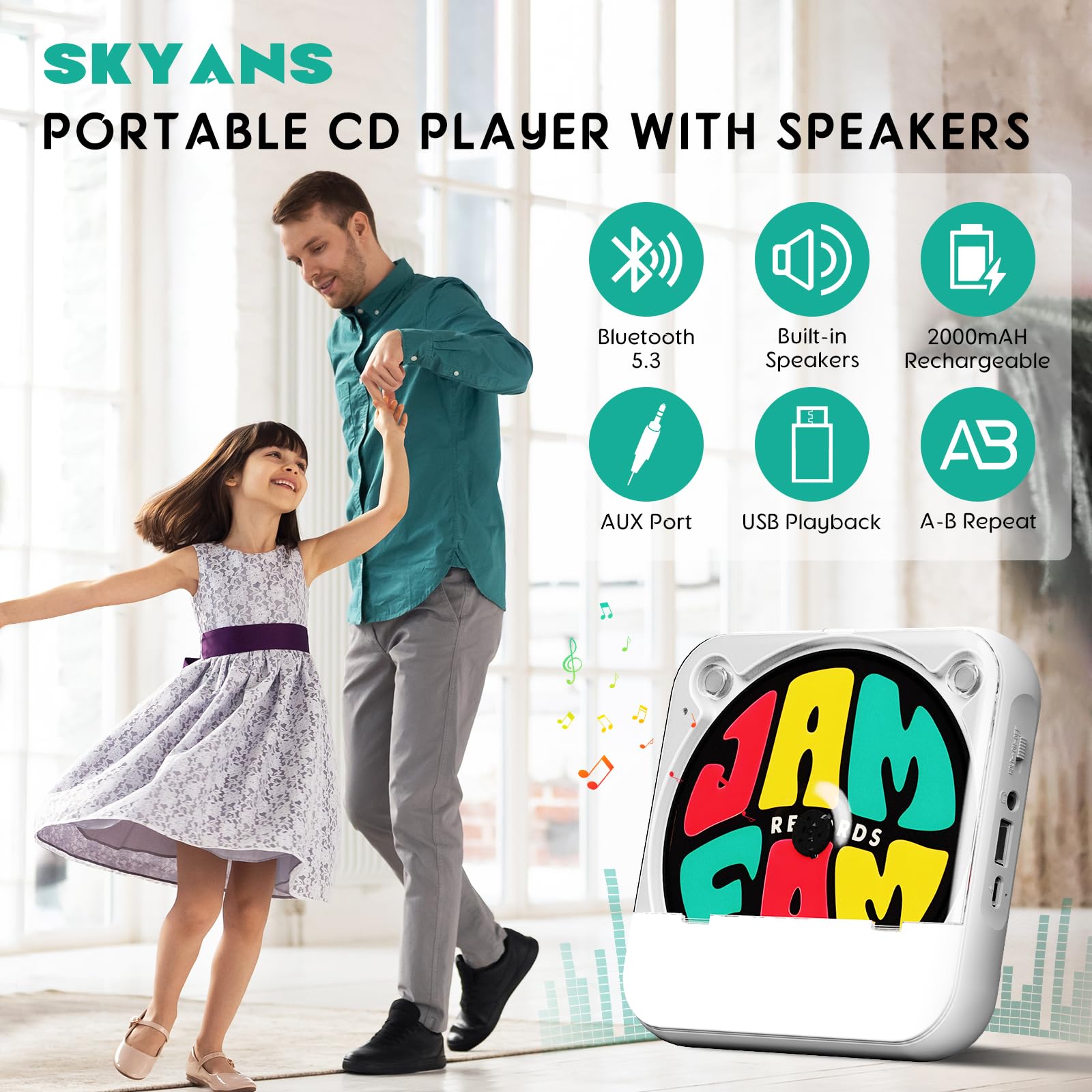Portable CD Player with Bluetooth, Rechargeable CD Player for Home/Car, Built-in HiFi Speakers, Headphones, LCD Screen, Supports CD/AUX/USB and Repeat Modes, White