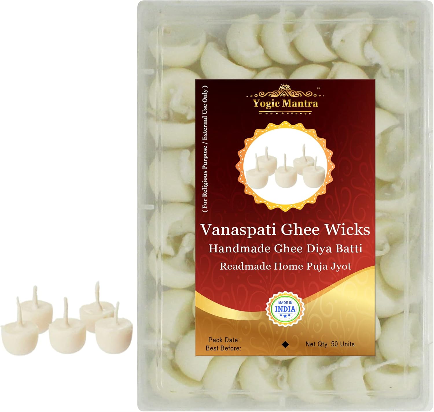 Oil Lamps & Accessories - Yogic Mantra Vanaspati Ghee Wicks (50 Pcs. Diya Batti) Handmade Ghee Dipped Cotton Wicks Jyot for Aarti, Home Puja, Diwali Pooja, Daily Pujan Jyoti & Havan Yagya Samagri
