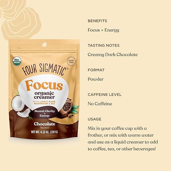 FOUR SIGMATIC FOCUS CHOCOLATE COFFEE CREAMER | ORGANIC NON DAIRY COFFEE CREAMER WITH LION’S MANE AND VITAMIN B12 | CHOCOLATE, 4.23 OZ