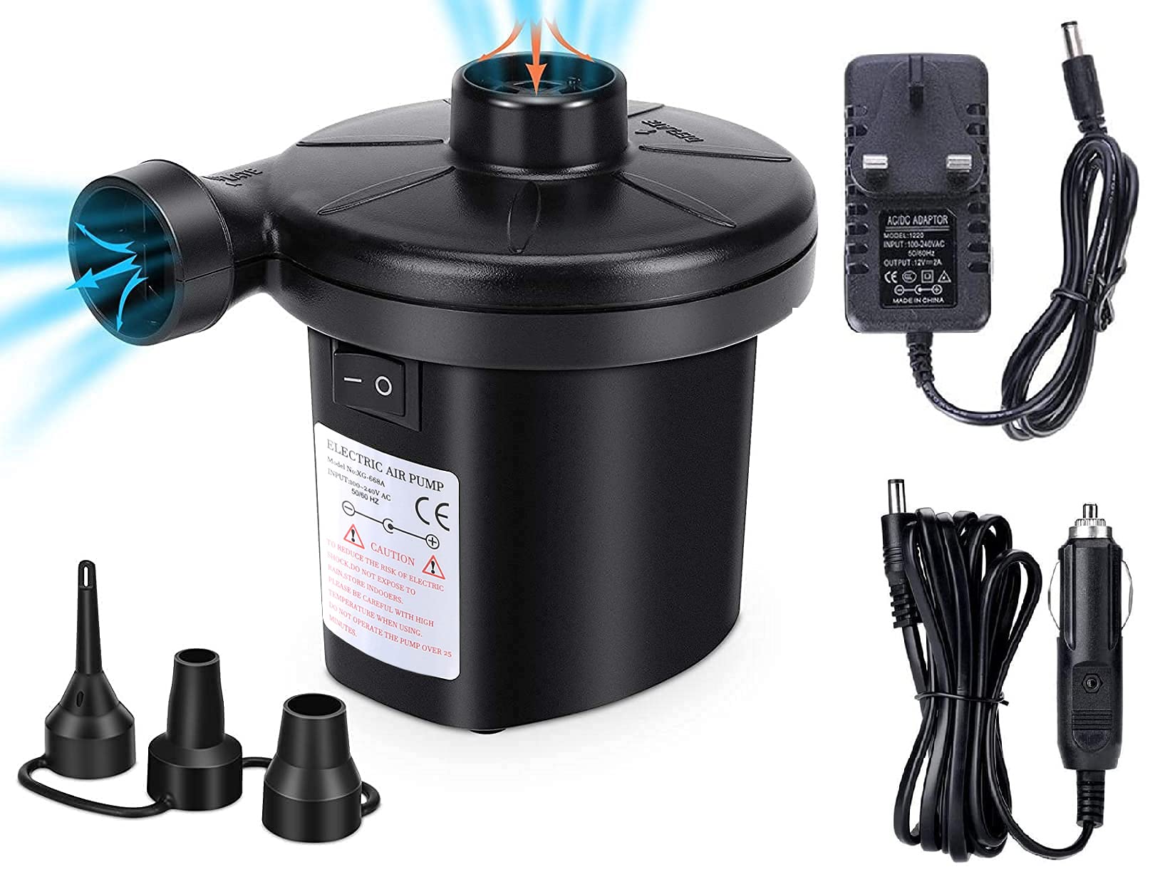 Electric Air Pump, Air Pump for Quick Inflator/Deflator with 3 Nozzles, Camping Electric Pumps Portable (Home/Car), Air Mattress Pump for Inflatable Boat/Air Mattress/Pool/Inflated Toy/Yoga Ball