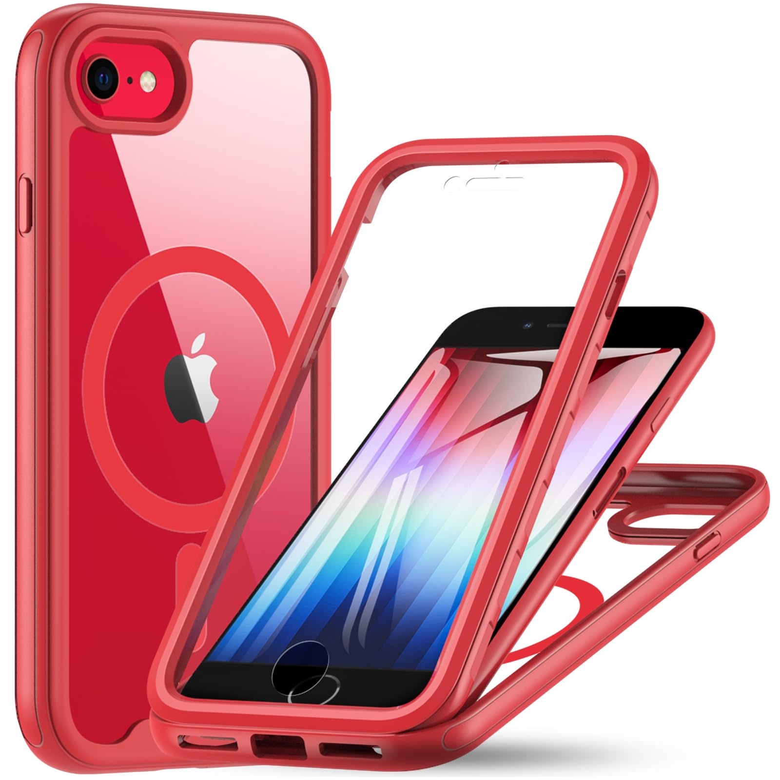OWKEY Magnetic iPhone SE 2022/SE 2020/8/7 Case, 360° Full Body for Magsafe With Built-In Screen Protector, Shockproof Protective Phone Cover iPhone SE 3rd & 2nd Gen (Red)