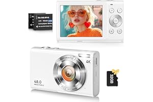 FJFJOPK Digital Camera, 4K Vlogging Camera for YouTube Autofocus Cameras for Photography with 16X Digital Zoom, 48MP Compact Point and Shoot Digital Camera for Teens Adult with 32GB SD Card, 2 Batteries-White