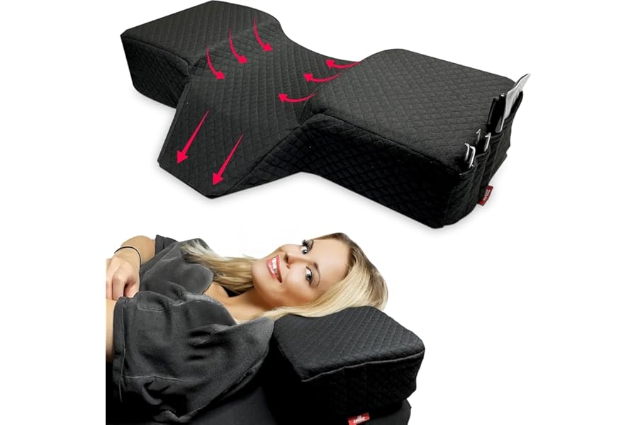 XOLLOZ Lash Pillow for Eyelash Extensions – Curved Memory Foam Bed Pillow, Ergonomic Head Rest with Neck Support, Side Pockets for Tools, Fits Lash Beds for Tech – Black