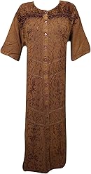 Women's Maxi Tunic Dress Brown Embroidered Botton Front Dresses L