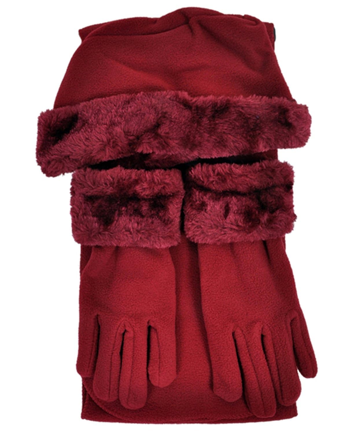 Cloche Fur Trim 3 Piece Fleece Hat, Scarf & Glove Women's