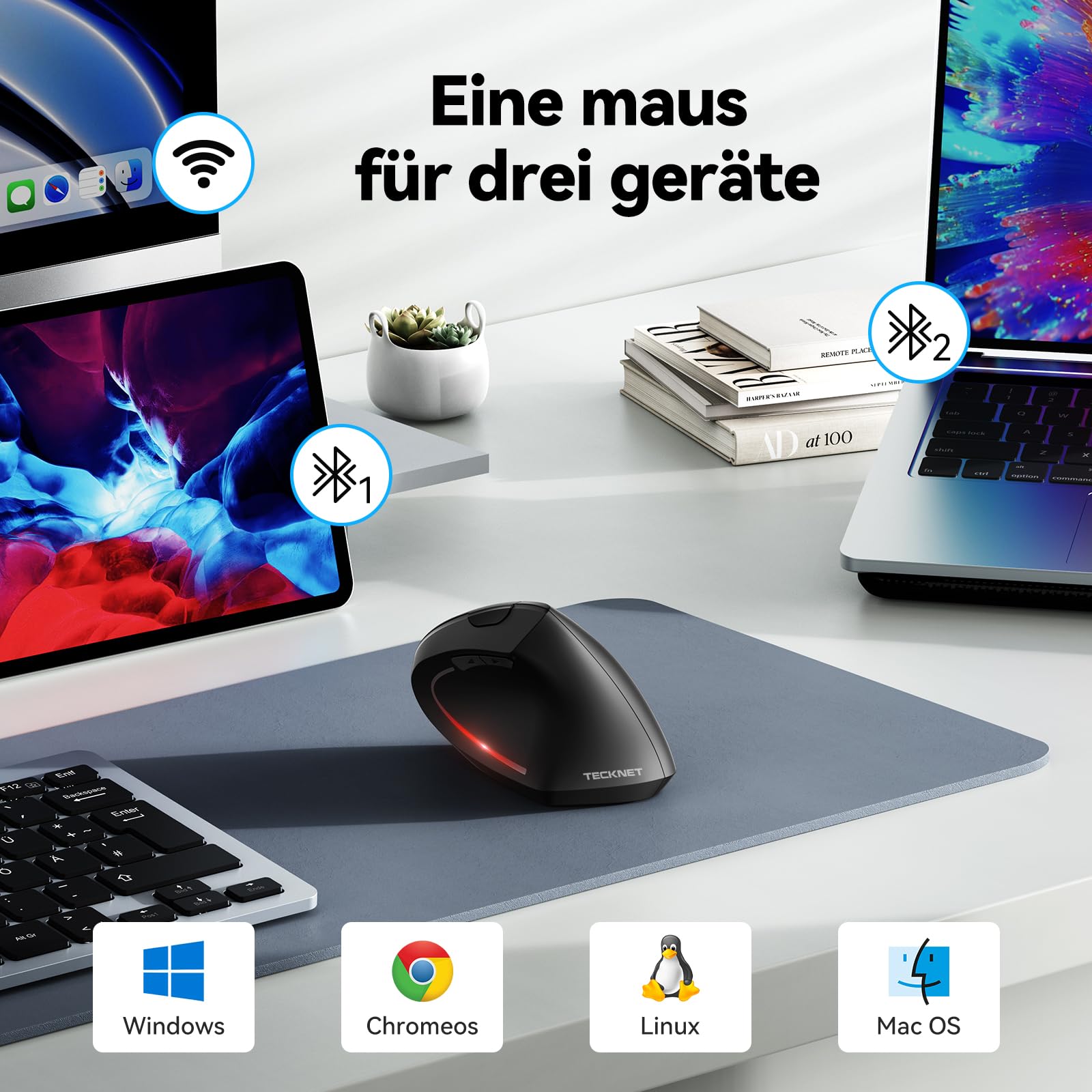 TECKNET Ergonomische Maus, Kabellose Bluetooth Vertikale Maus(BT 5.0+BT 3.0+2.4G), 6 Einstellstufen bis 4800 DPI, Optisch Leise Wireless Mouse für Laptop/PC/Mac/Tablet/iPad(Win/Android/iOS), 6 Tasten 3