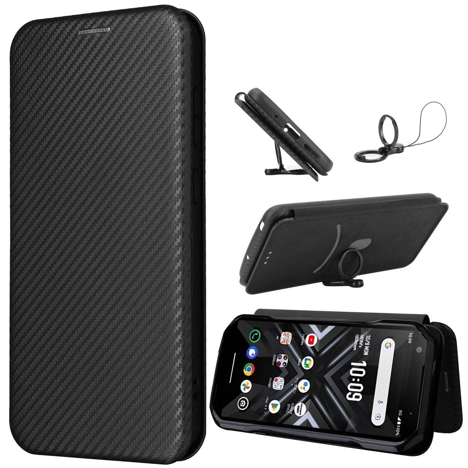 SHIEID Wallet Case for TCL 505 Carbon Case, has Kickstand function and Card Slots with Magnetic Buckle Phone, Carbon fiber Phone Case Compatible with TCL 505-Black