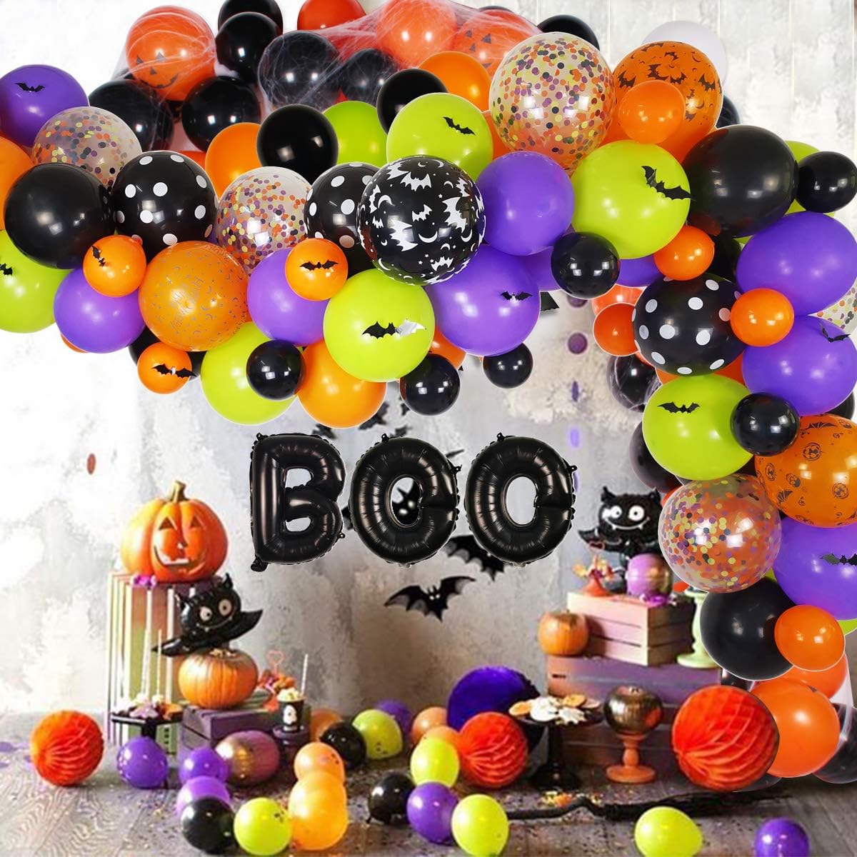Halloween Balloons Garland Kit - 92 Pack Latex Balloons BOO Foil Confetti Balloon 3D PVC Bat Decoration Set for Halloween Party Decorations Supplies, Halloween Party Favors: Toys & Games