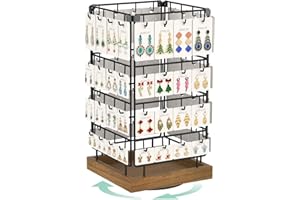 EsLuker.ly Rotating Earring Display Holder Stand for Vendors Events Selling, Large Capacity 64 Hooks Jewelry Rack with Wooden Base for Earring Card Sales, Enhances Retail Display Visibility