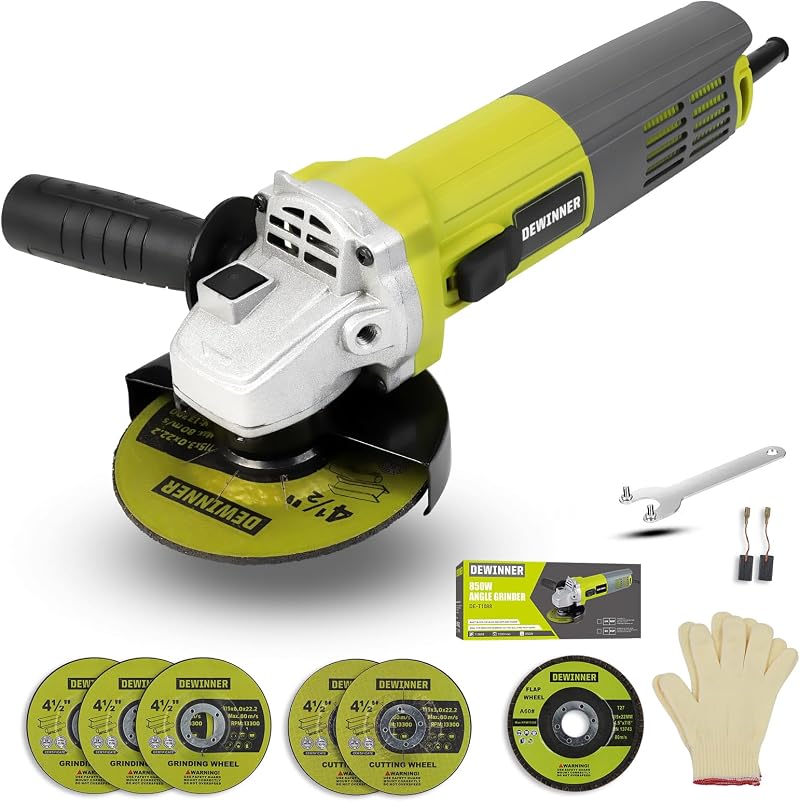 DEWINNER Angle Grinder 850W Corded 115mm with 6 Discs Side Handle
