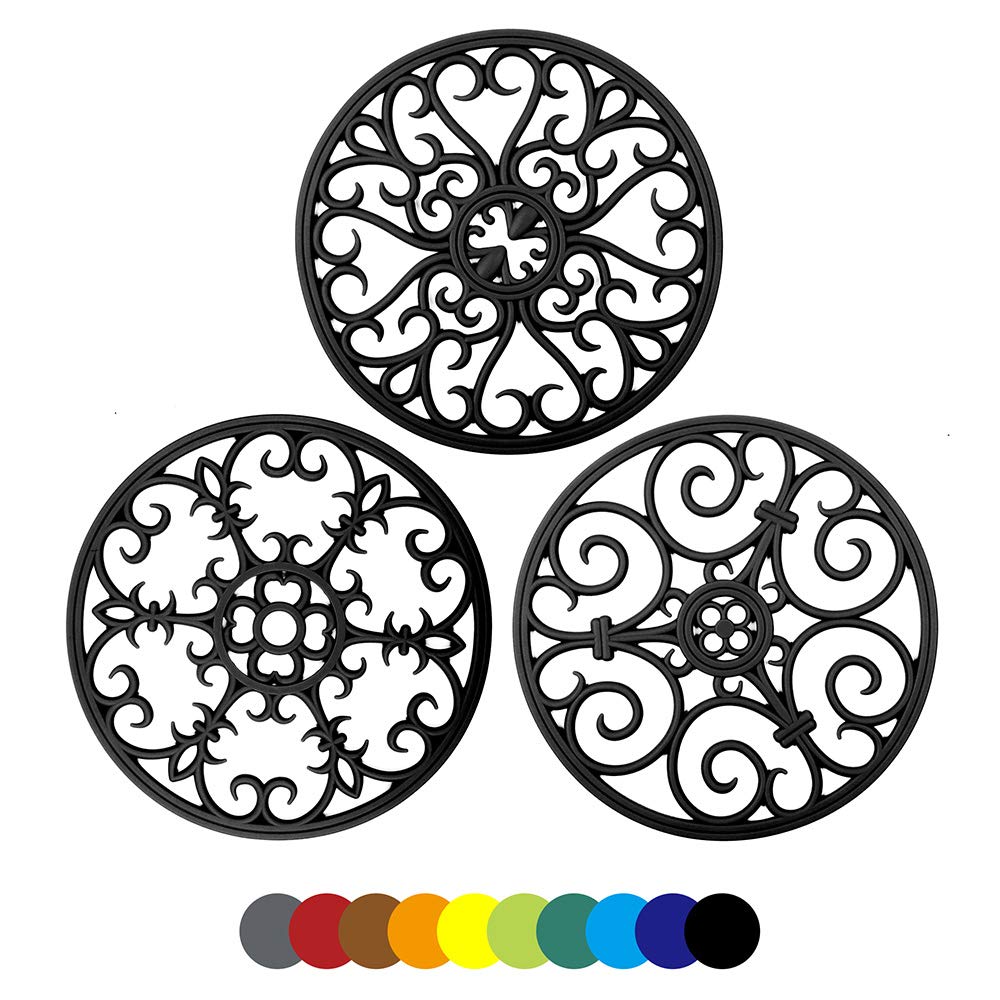 Silicone Trivet Mat 7.87" Multi-Use Hot Pads Round Pot Holders Heat Resistant Non Slip Flexible Durable Hot Pot for Dishes,Countertops,Tables Set of 3 (black)