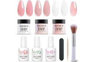 SOCORIA 9 Pcs Dip Powder Nail Kit, Gentle Nude Pink Milky White Neutral Skin Colors Dipping Powder System Essential Liquid Set with Base Top Coat and Activator for French Nail Art Manicure Salon